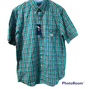 Chaps Men’s Short Sleeve Shirt Plaid Button Up Green Blue New With Tags Medium